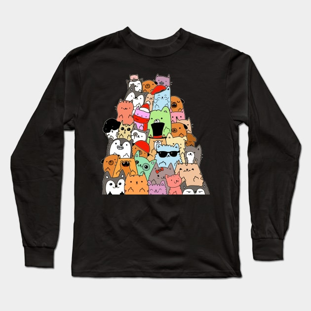 Cute Cats and Dogs Doodle Long Sleeve T-Shirt by OneWeirdDude